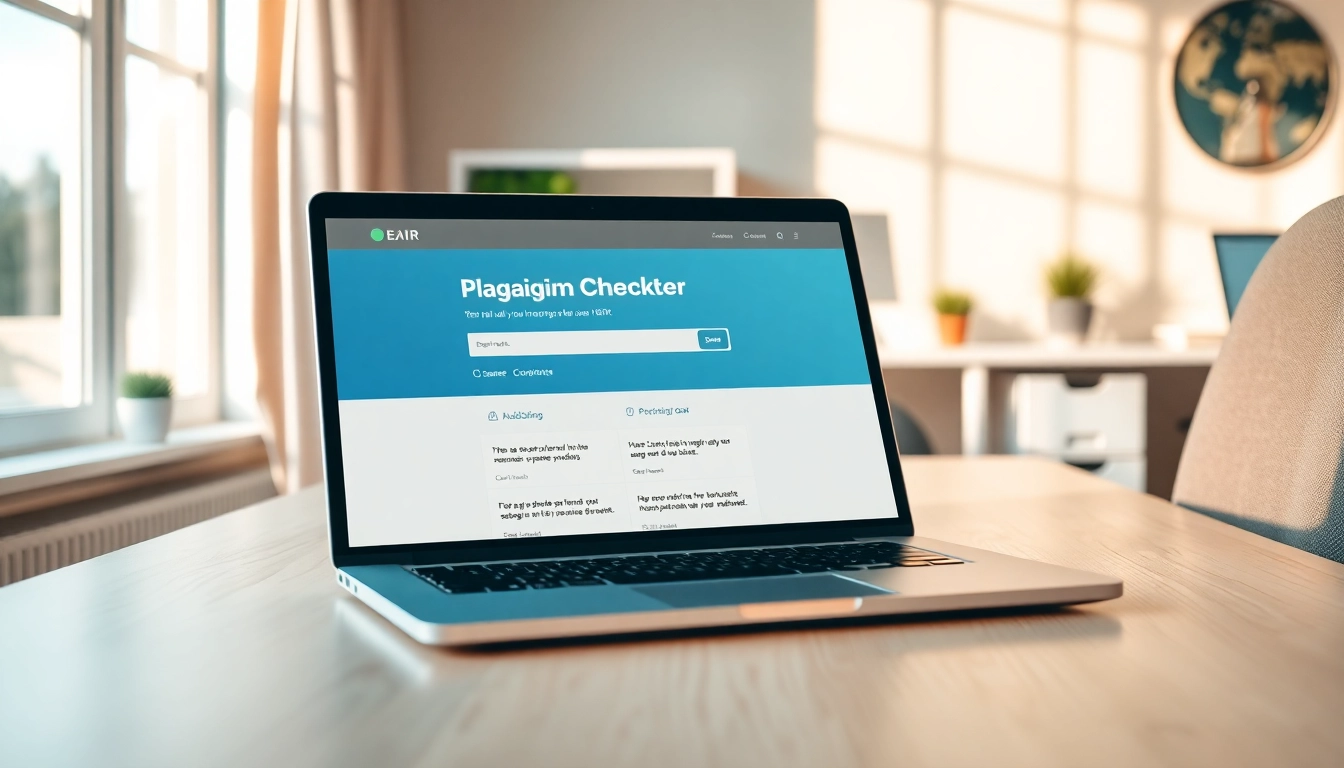 Check results with a plagiarism checker displayed on a laptop screen amidst a neat workspace.