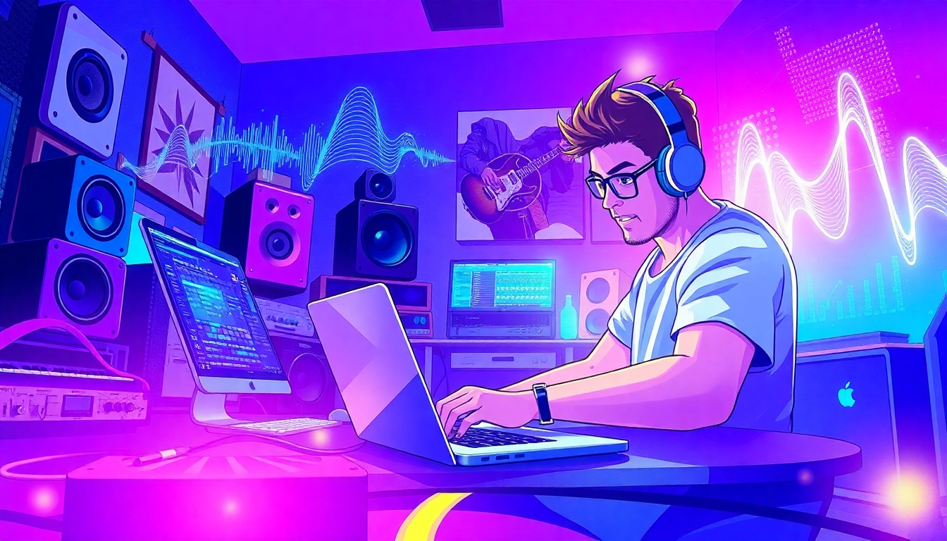 Enhance your spotify promotion with a musician deeply focused in a vibrant home studio.