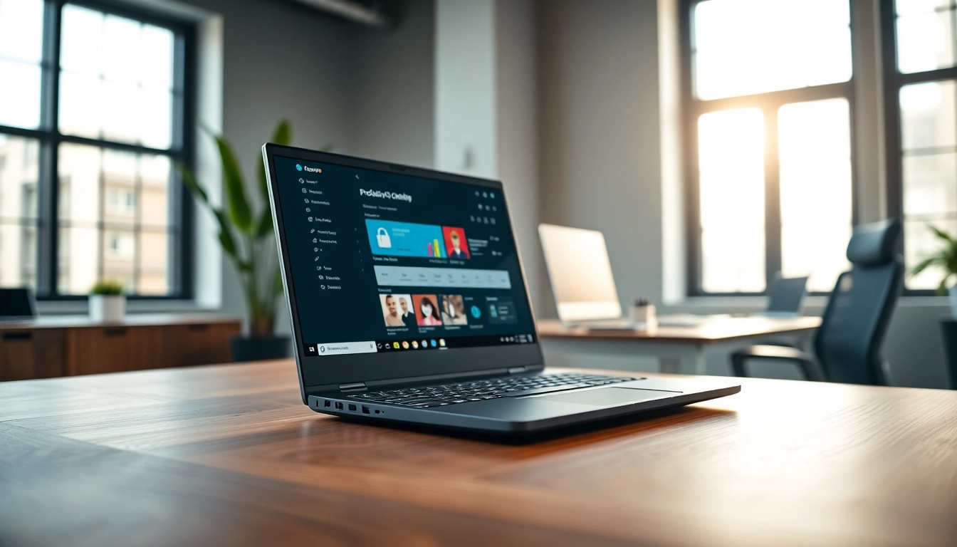Showcasing a Lenovo Laptop on a modern workspace, highlighting its sleek design and display.