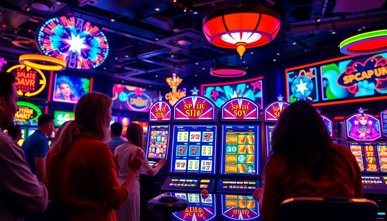 Waktu bermain game slot yang menyenangkan dengan mesin slot yang berwarna-warni dan pemain yang ceria.