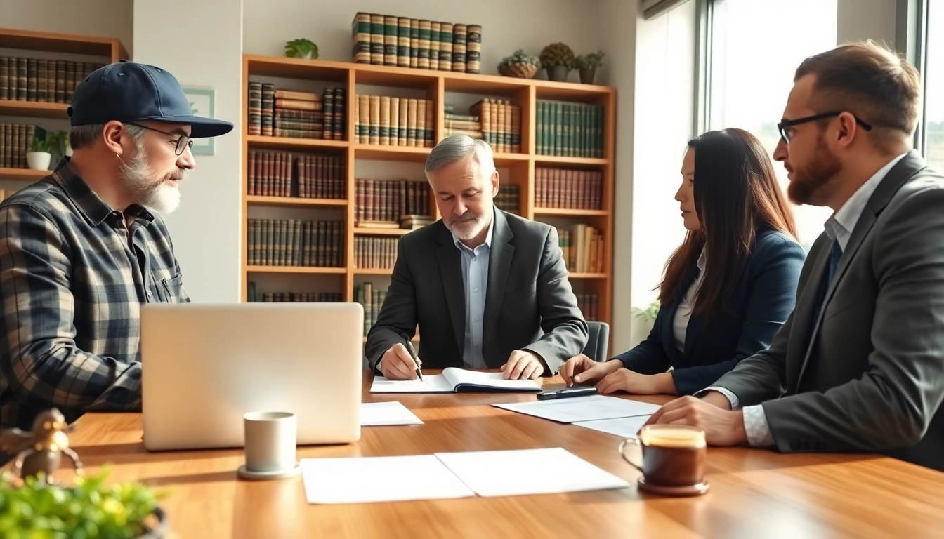 Farmers engaging in a discussion about agricultural law with legal professionals amid documents and resources.