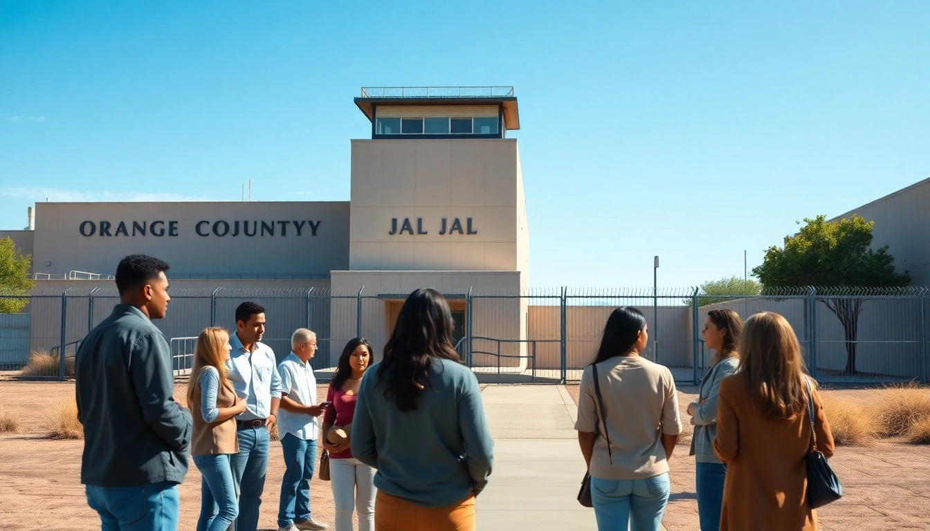 Individuals interacting near the orange county jail, reflecting hope and contemplation.