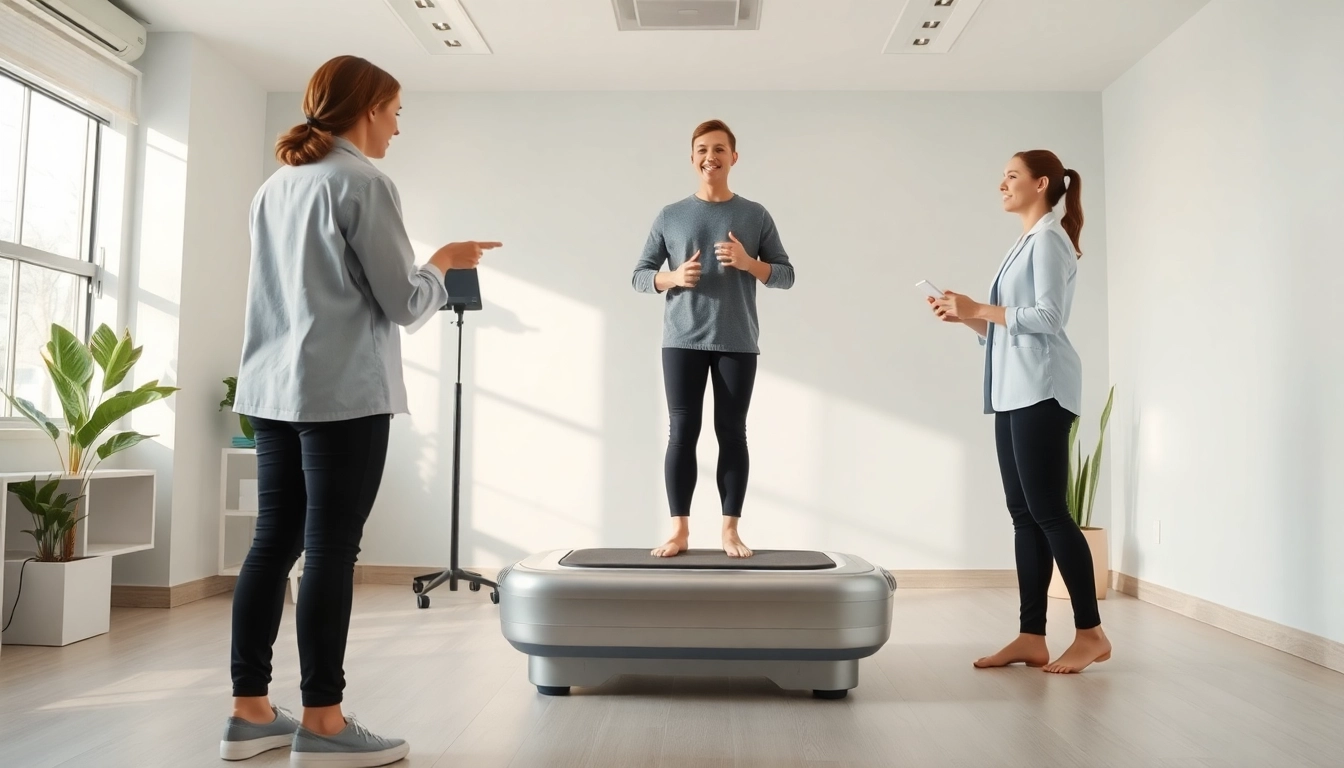 Engaging in whole body vibration therapy on a professional vibration machine with expert guidance.