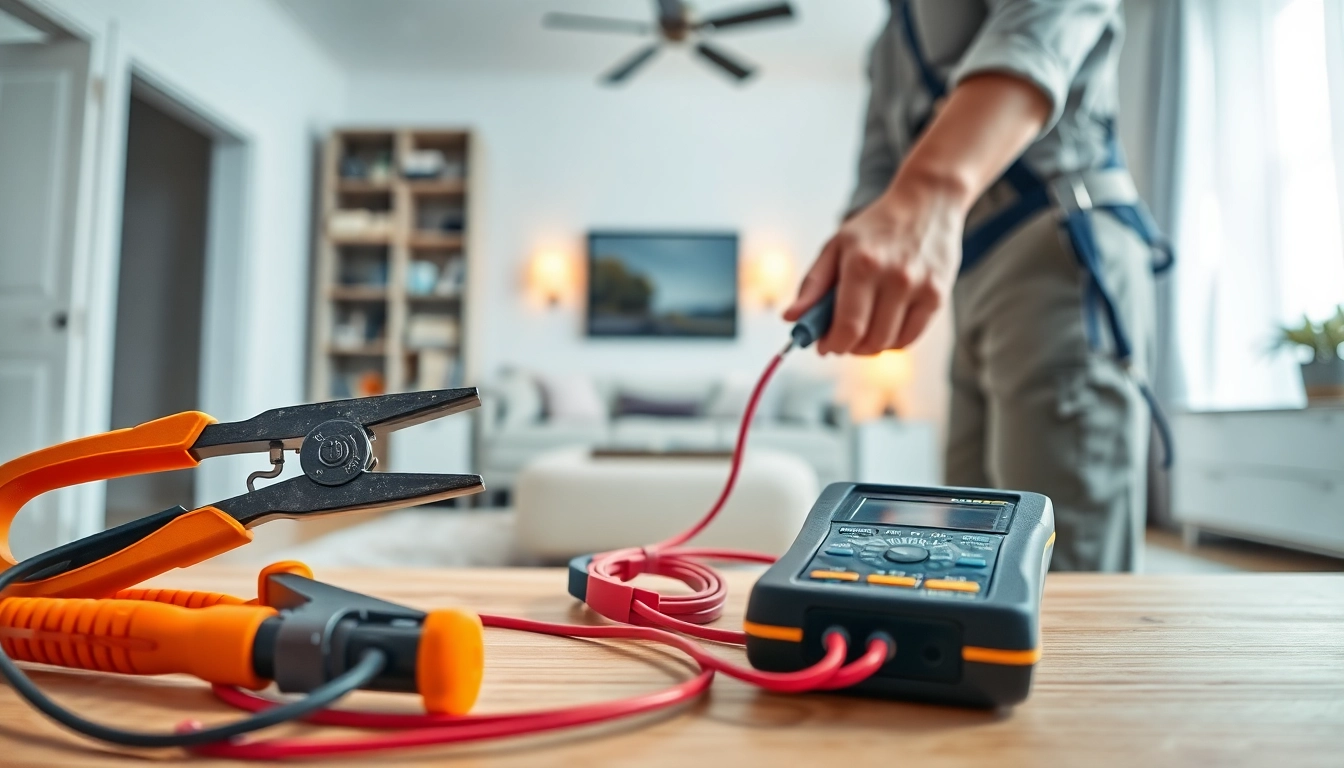 Electrician performing residential electrical service installation with tools.