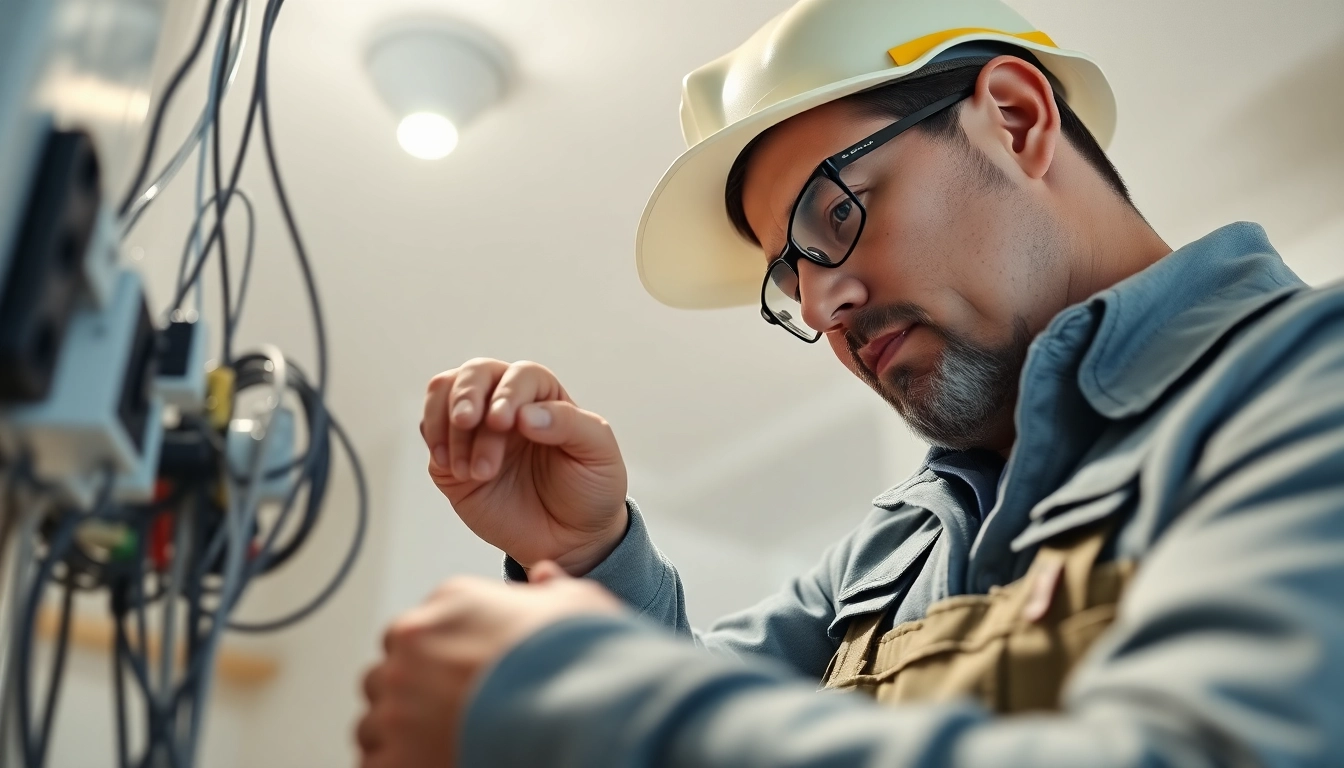 Skilled Electrician Clearwater installing residential wiring with tools in a bright home.