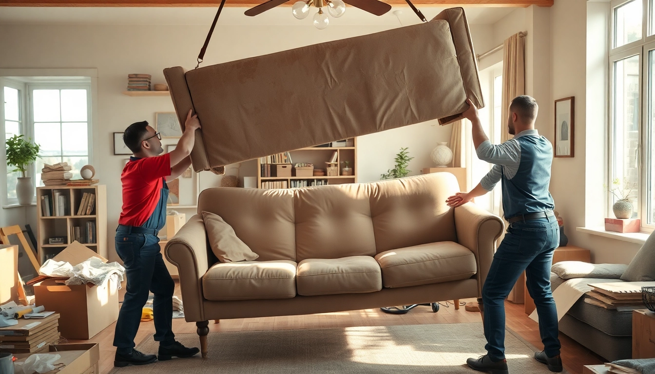 Capture showcasing old sofa removal and disposal workers gracefully handling furniture in a cozy setting.