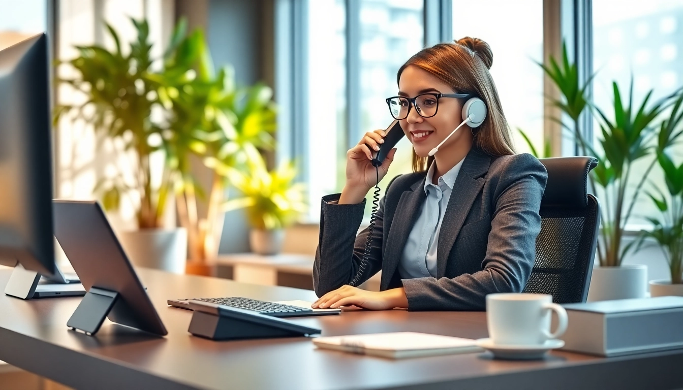 Efficient professional delivering exceptional Phone Answering Calls at a modern desk.