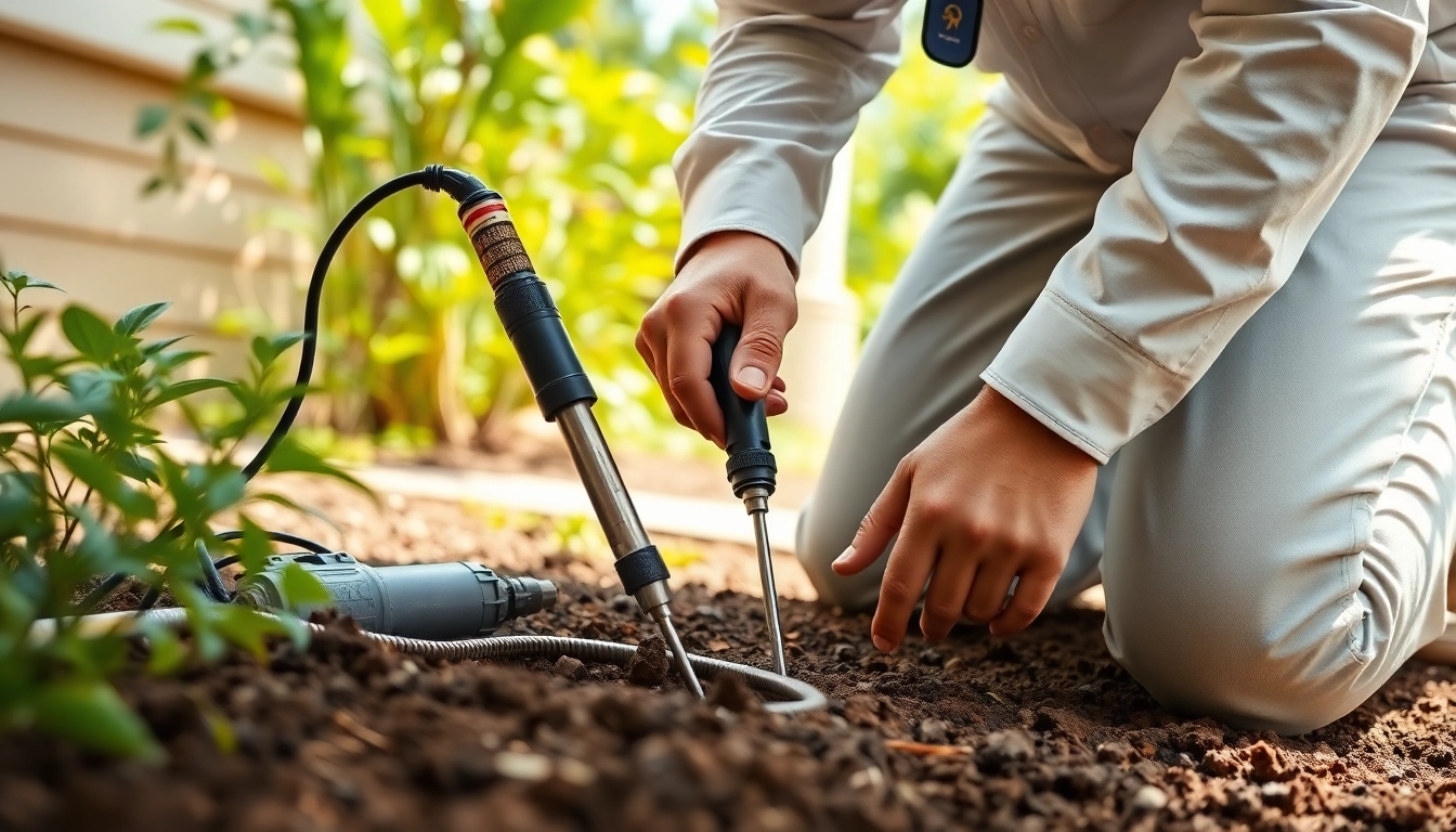 Technician performing termite reticulation system refills in a garden setting