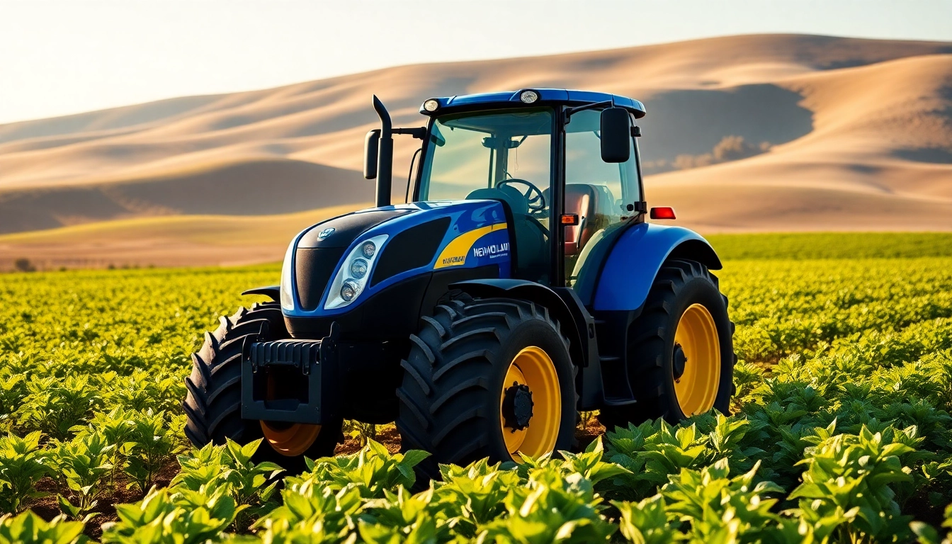 New Holland Traktor auf einem sonnigen Acker mit frischen Ernteflächen im Vordergrund.