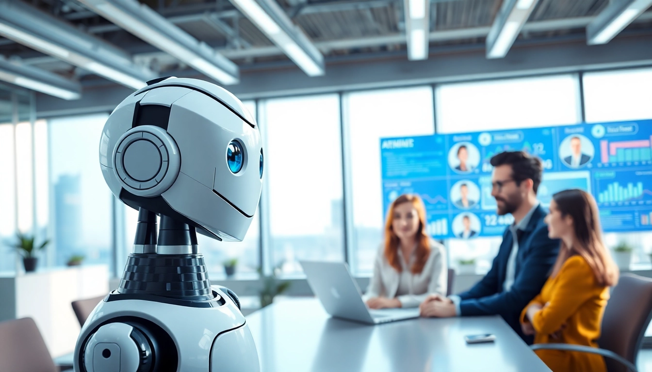 Engaging AI chat bot assisting users in a modern office environment.