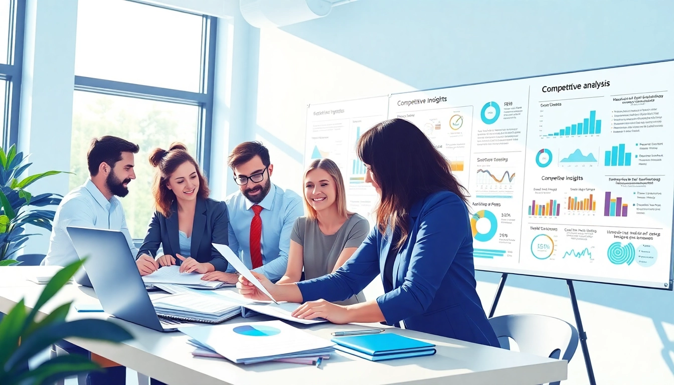 Analyze competitive intelligence data with a diverse team in a modern office setting.