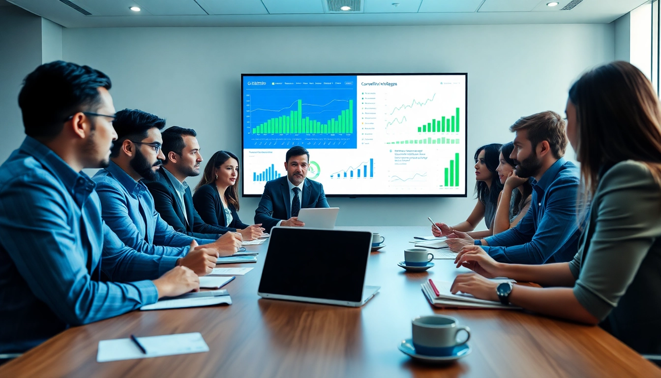 Engaged professionals discussing competitive intelligence strategies in a modern office setting.