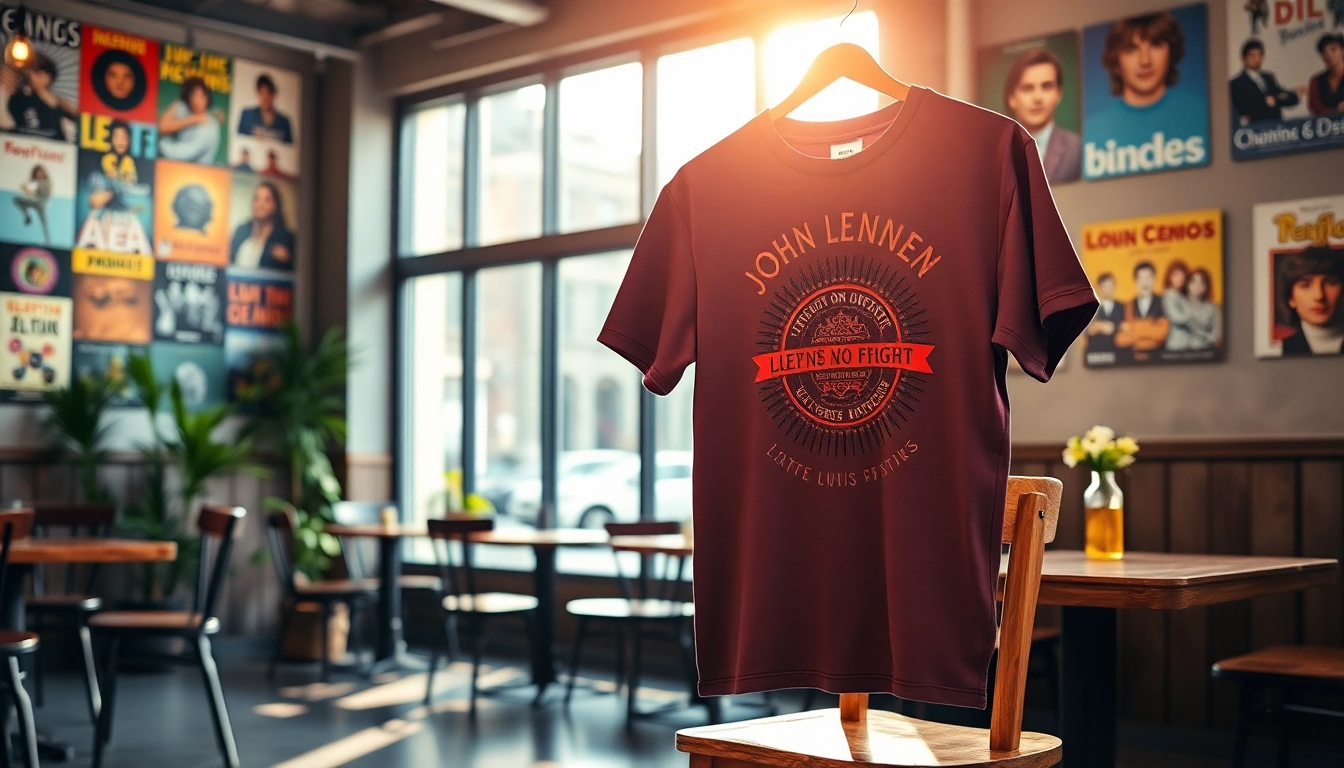 Stylish john lennon t shirt on display in a creative café setting.