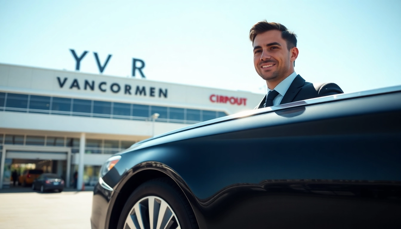 Experience car service Vancouver airport, featuring a professional driver next to a luxury sedan.