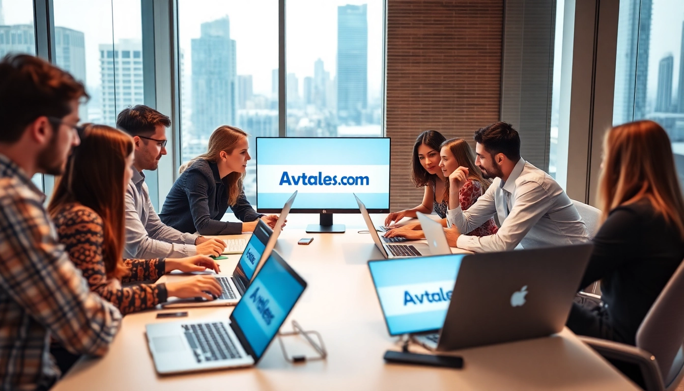 Collaborative web development team working on http://Avtales.com in a modern office.