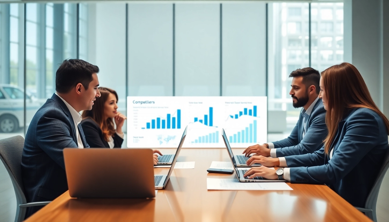Analyze ai for competitor analysis with a professional business team in a modern office setting.