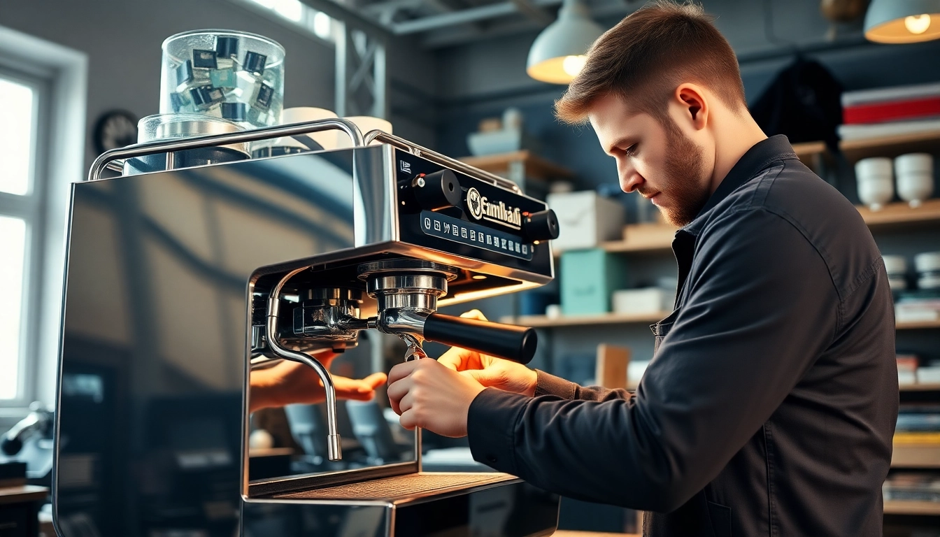 Expert performing Cimbali tamiri on an espresso machine with advanced tools in a well-lit workshop.