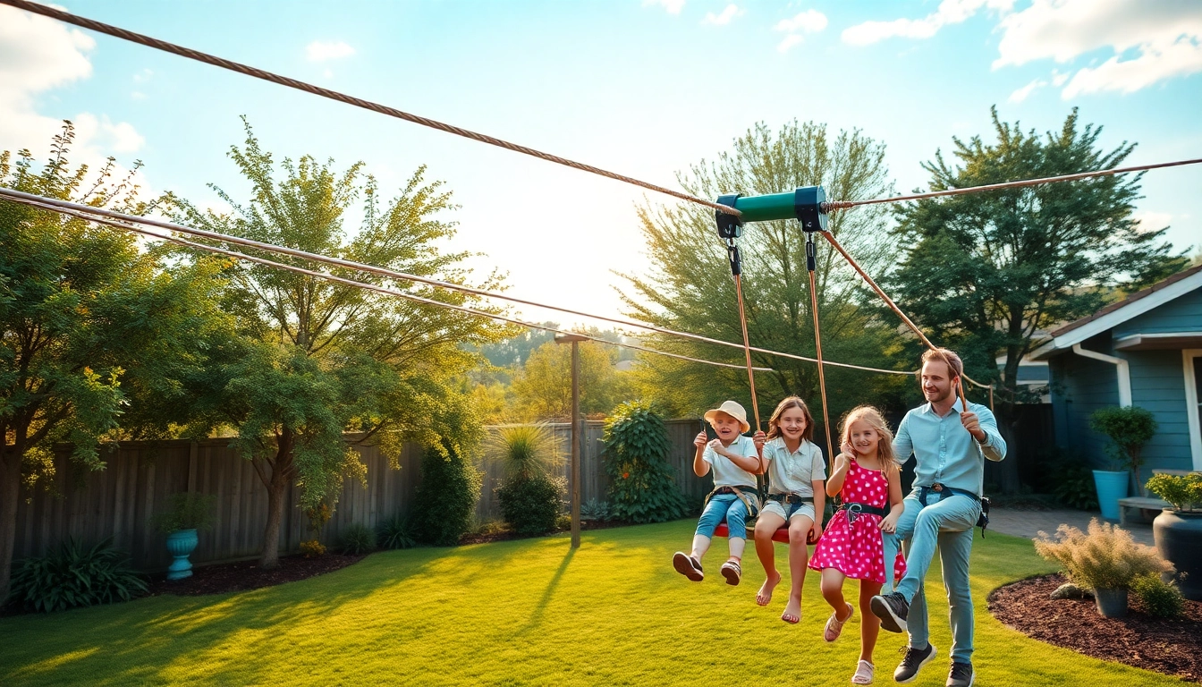 Families enjoying a ZIP WIRE KIT setup in a vibrant backyard, highlighting outdoor fun.