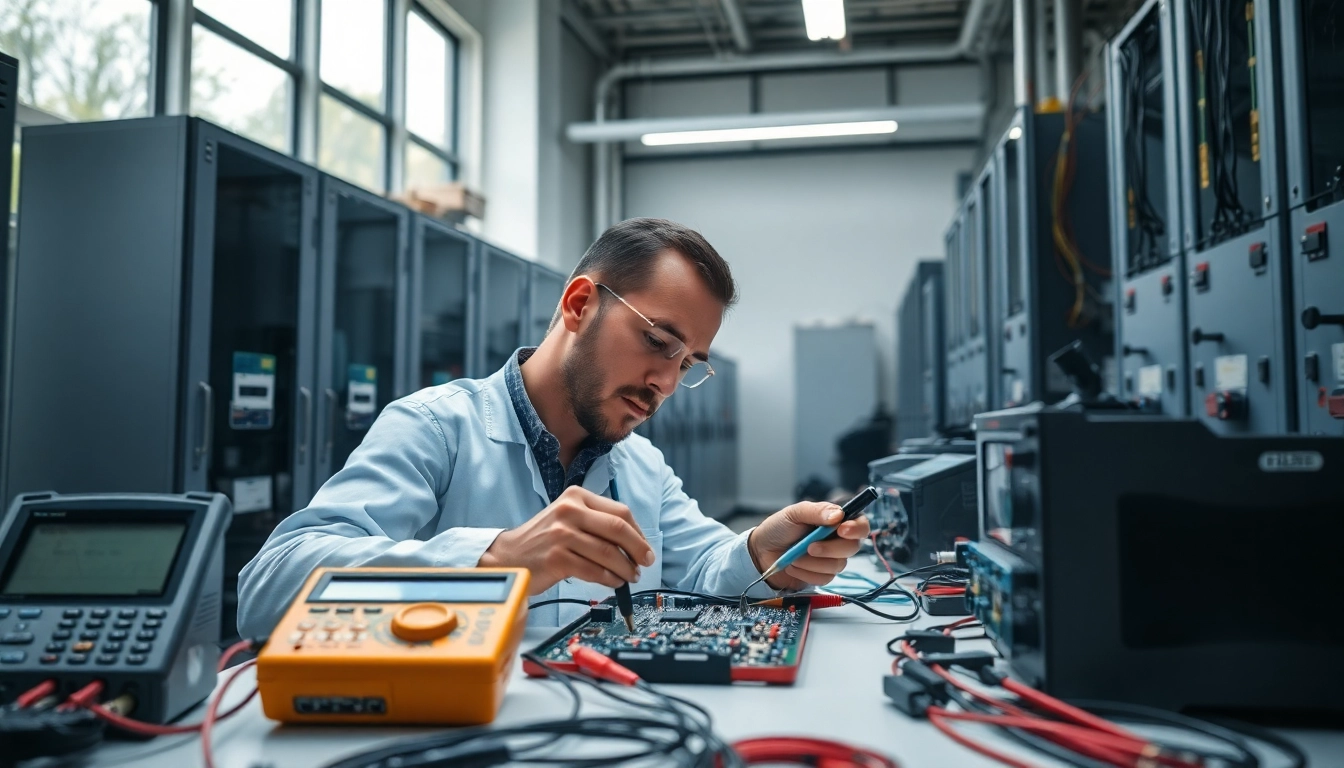 Electrical Testing technician analyzing a circuit board in a modern lab.