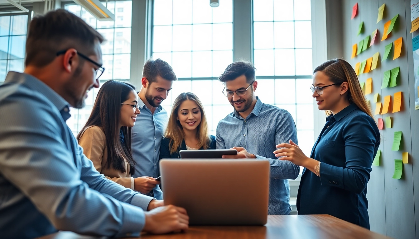 Collaboration at a social media agency team strategizing in a modern office environment.