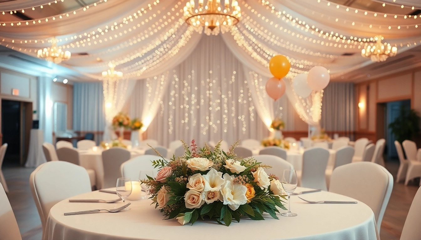 Elegant interior of the city venue event center with beautifully arranged banquet table.