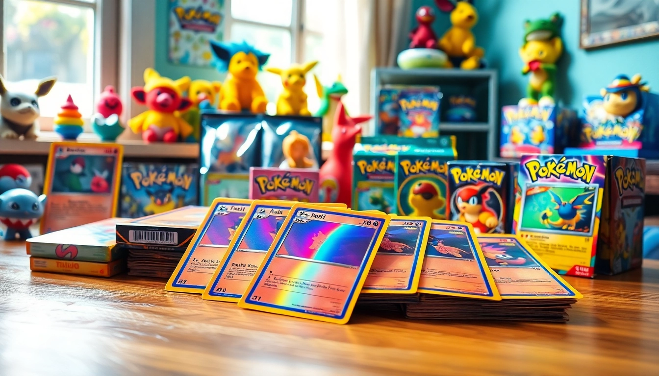 Showcase Pokémon cards india with colorful collectibles displayed on a wooden table.