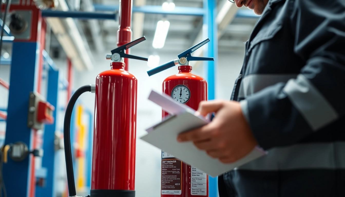 Fire extinguisher checks with technician inspecting equipment in an industrial setting.