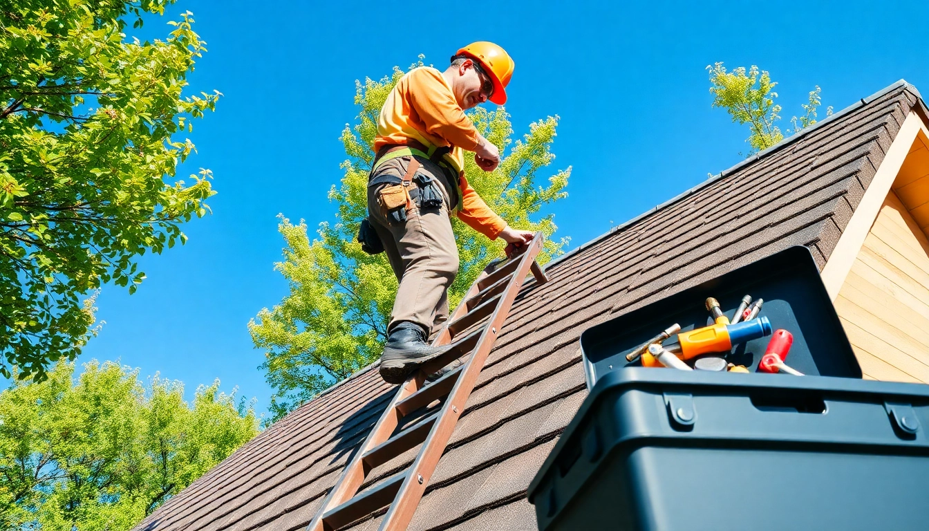 Roofer performing dakonderhoud Arnhem, focusing on roof inspection with professional safety gear.