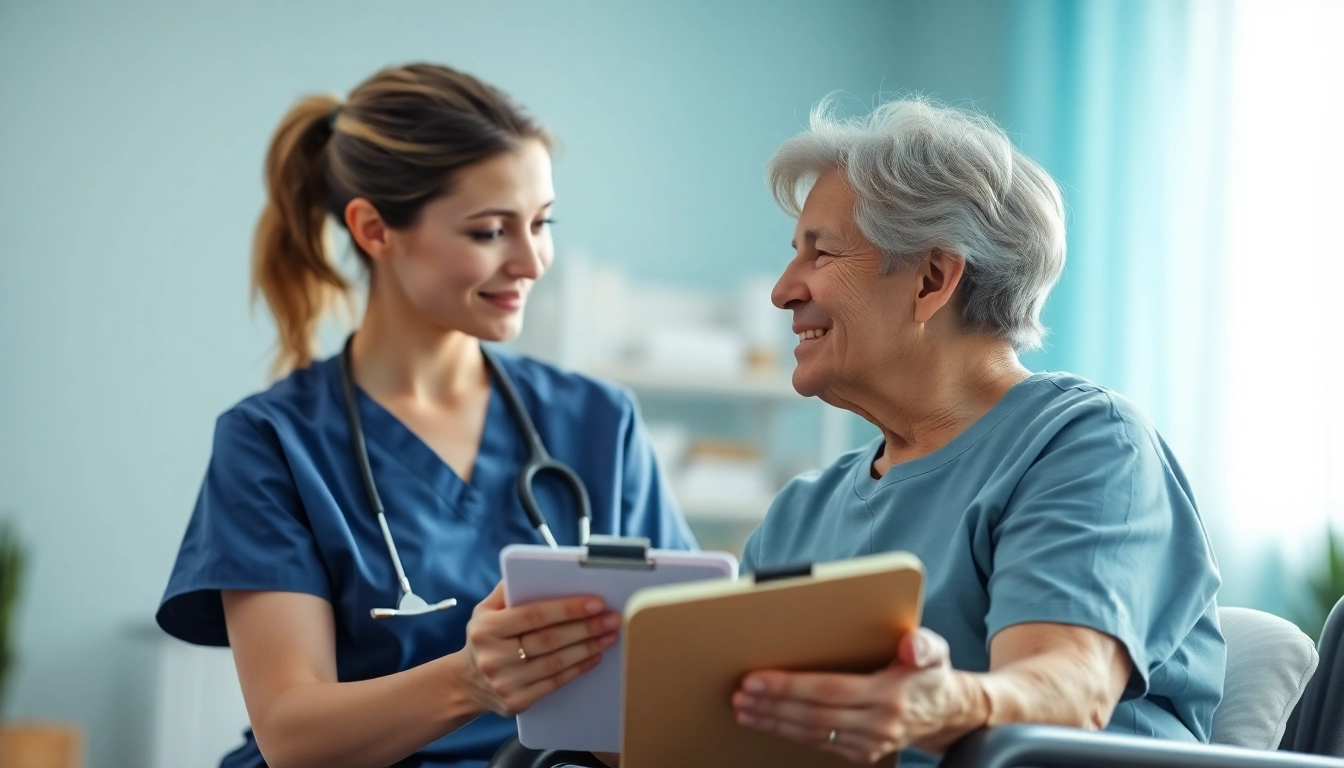 Showcase the VDAP Program in Alabama through professional nurse engaging with a patient in a supportive rehabilitation setting.