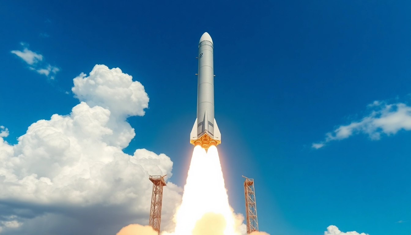Rocket launch symbolizing growth and innovation at Revenue Rocket Lab, set against a clear blue sky.