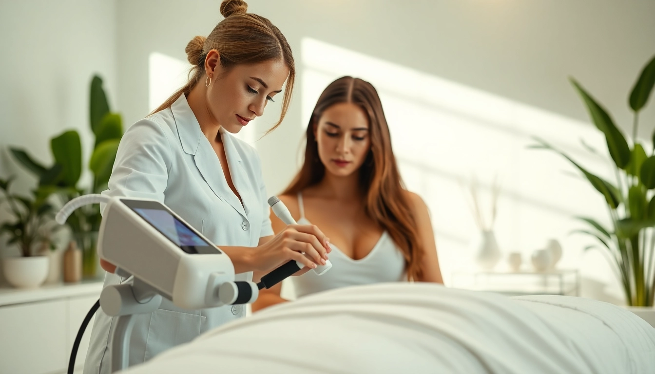 Experience cellulite therapy as a professional therapist utilizes cutting-edge equipment in a serene spa environment.