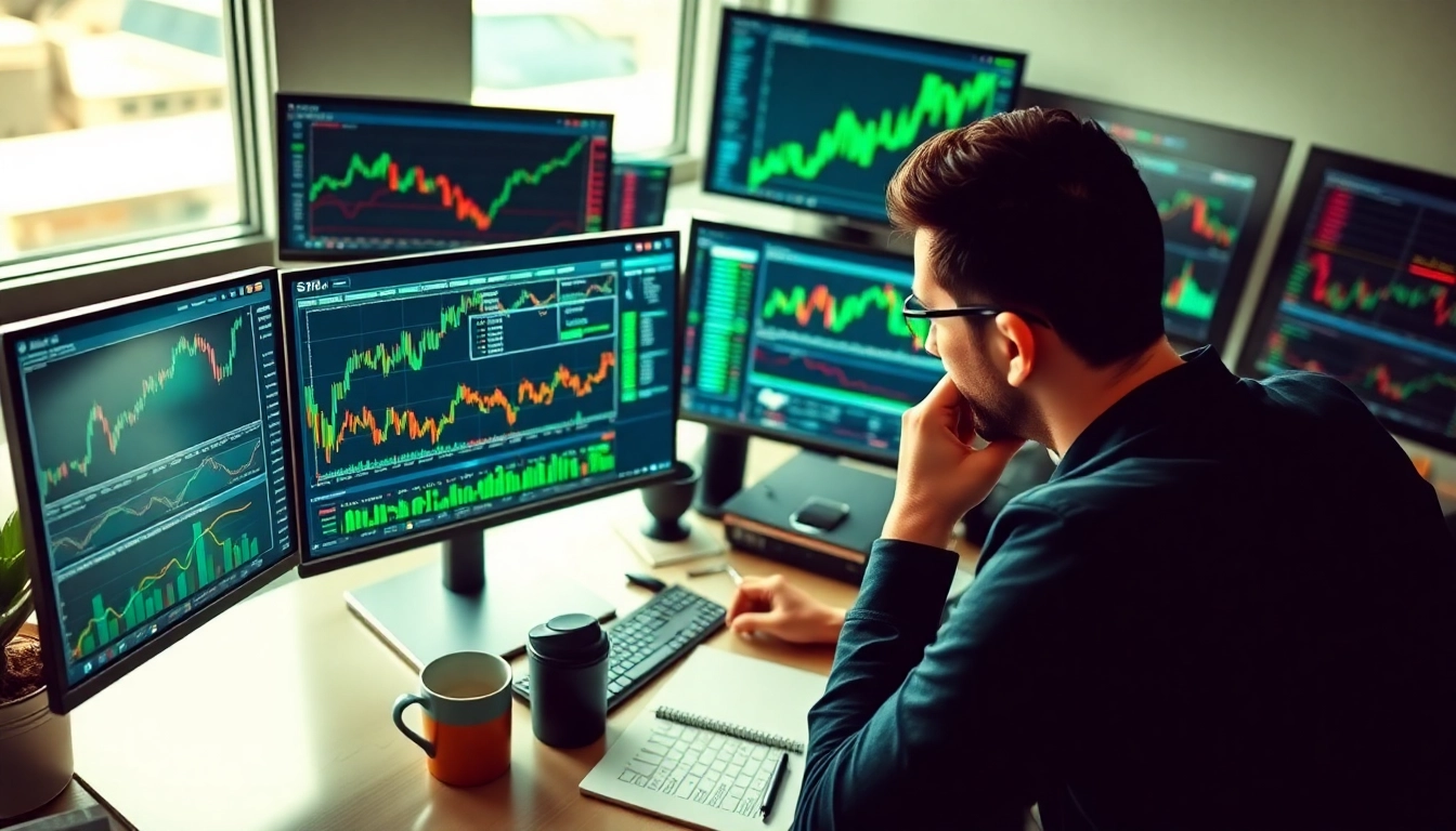 Analyze Forex Signals in a bright office with dual monitors showing market activity.