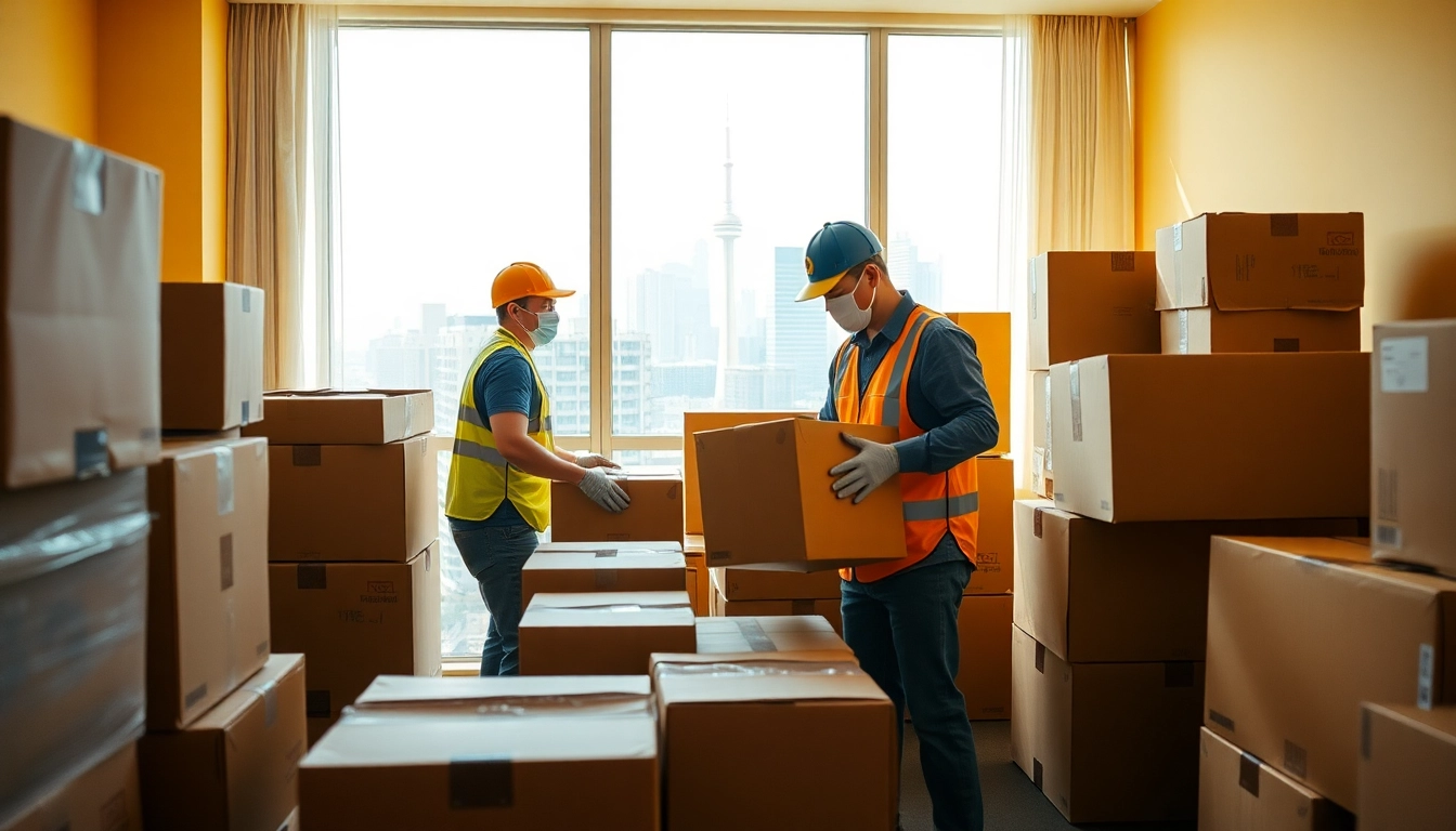Professional movers showcasing moving services in Toronto while efficiently handling packed boxes and equipment.