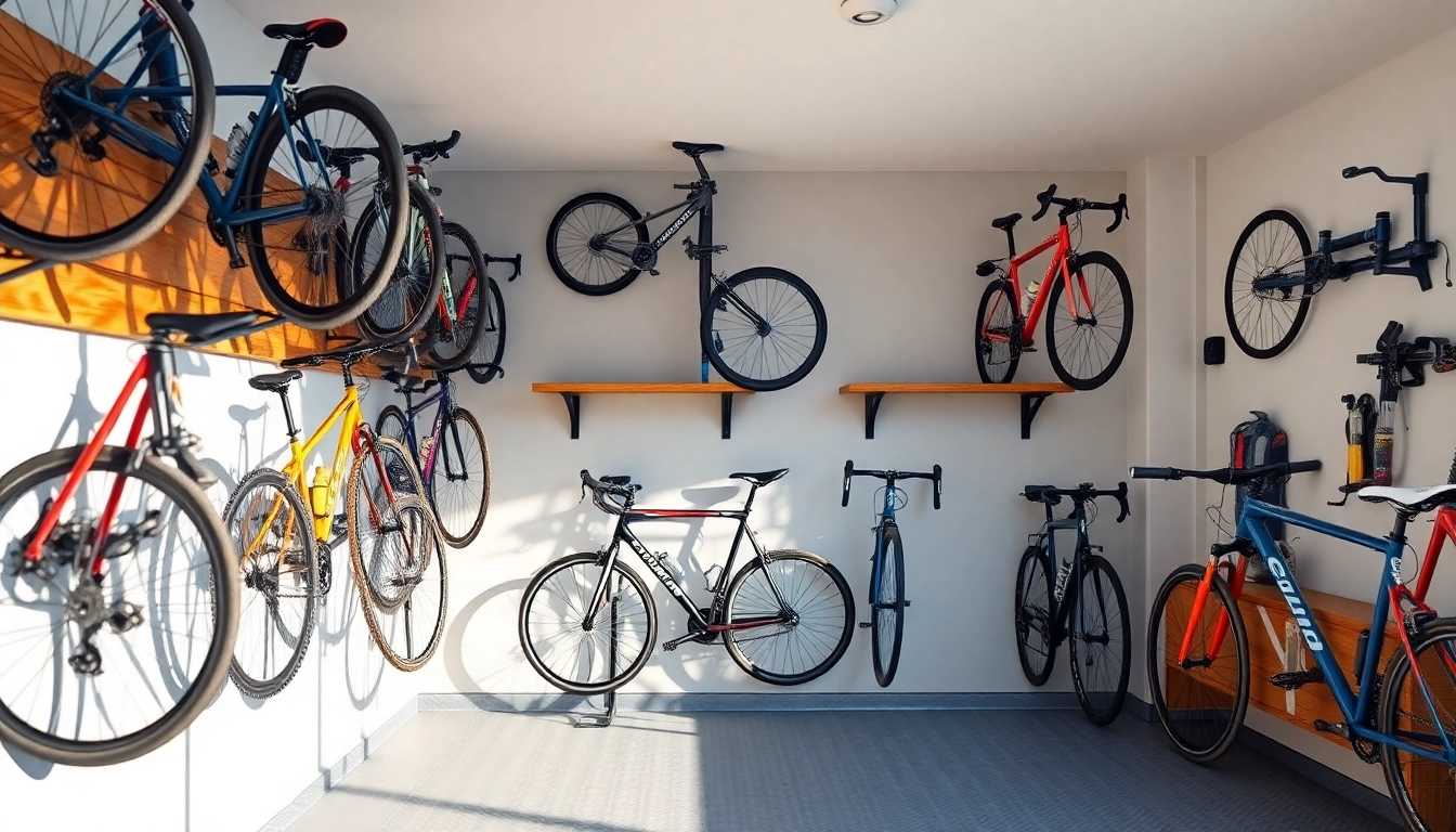 Organized wall-mounted bike storage solutions displaying various bicycles in a modern garage.