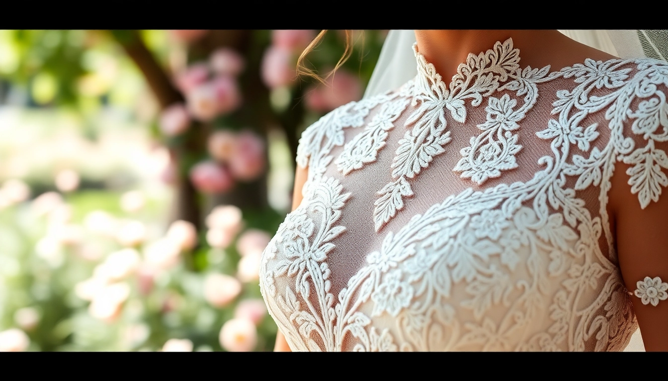 Admire this elegant lace wedding dress in a dreamy outdoor setting that captures romance and beauty.