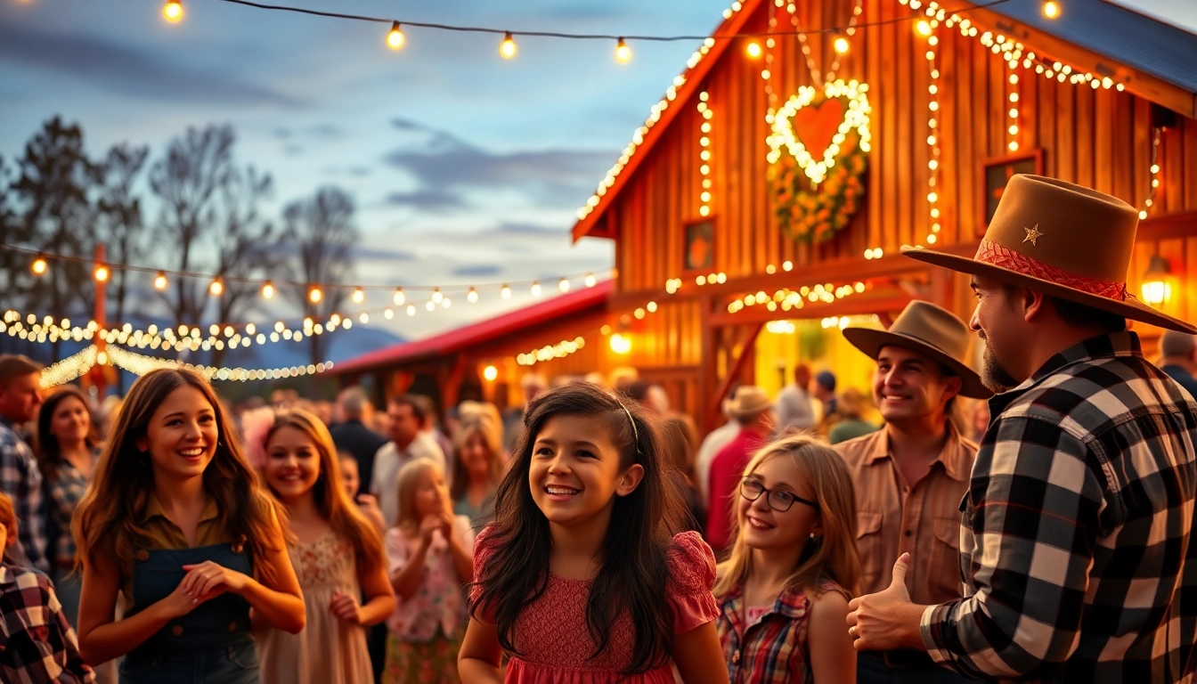 Enjoy vibrant firelight barn photos showcasing families and performers at a lively dinner theater.