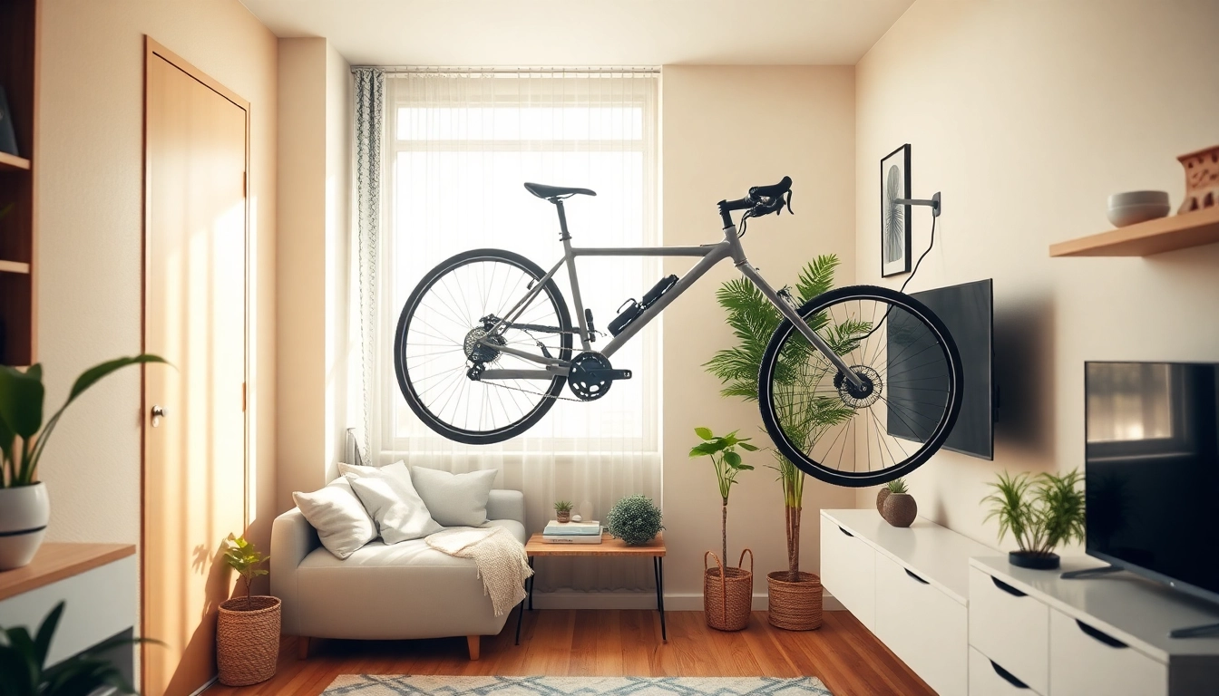 Optimize your apartment bike storage with a stylish wall-mounted rack in a cozy living space.