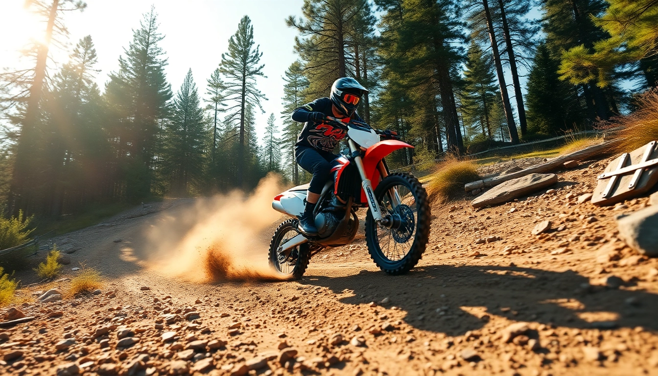 Dirt bike singletrack rider navigating a dynamic trail in a rugged natural setting.