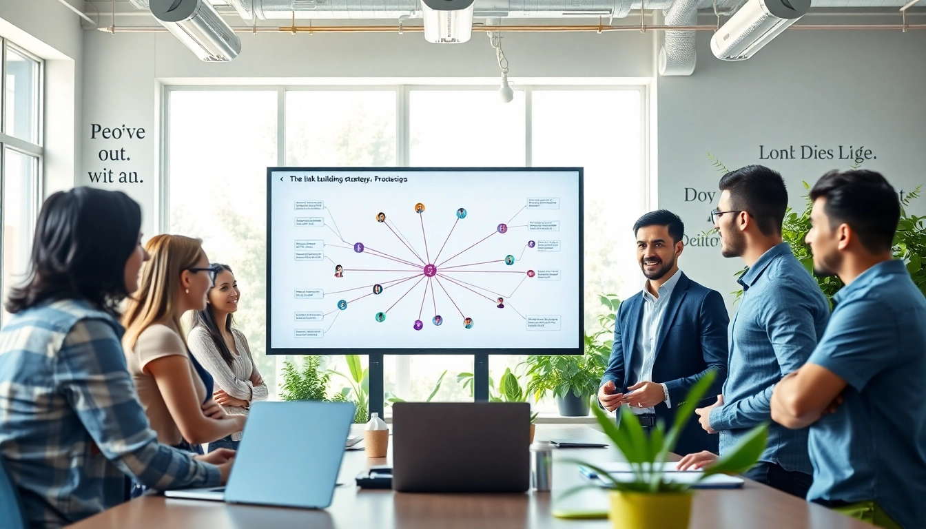 Team strategizing Link Building in a modern office environment with digital displays.