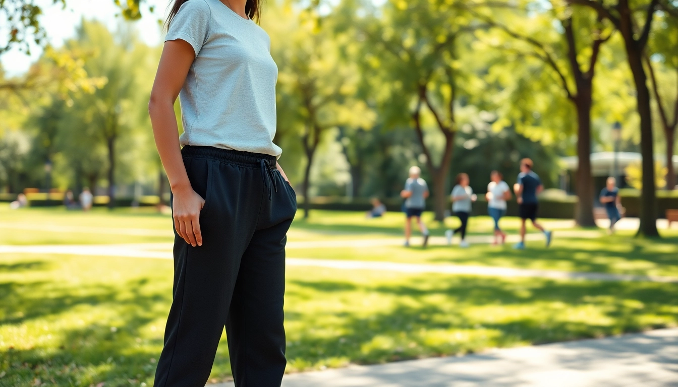Model showcasing stylish black sweatpants in a vibrant park setting, conveying comfort and style.