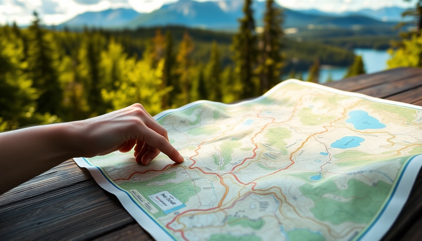 Interact with a detailed trail map laid out on a table amidst nature, showcasing the beauty of the outdoors.