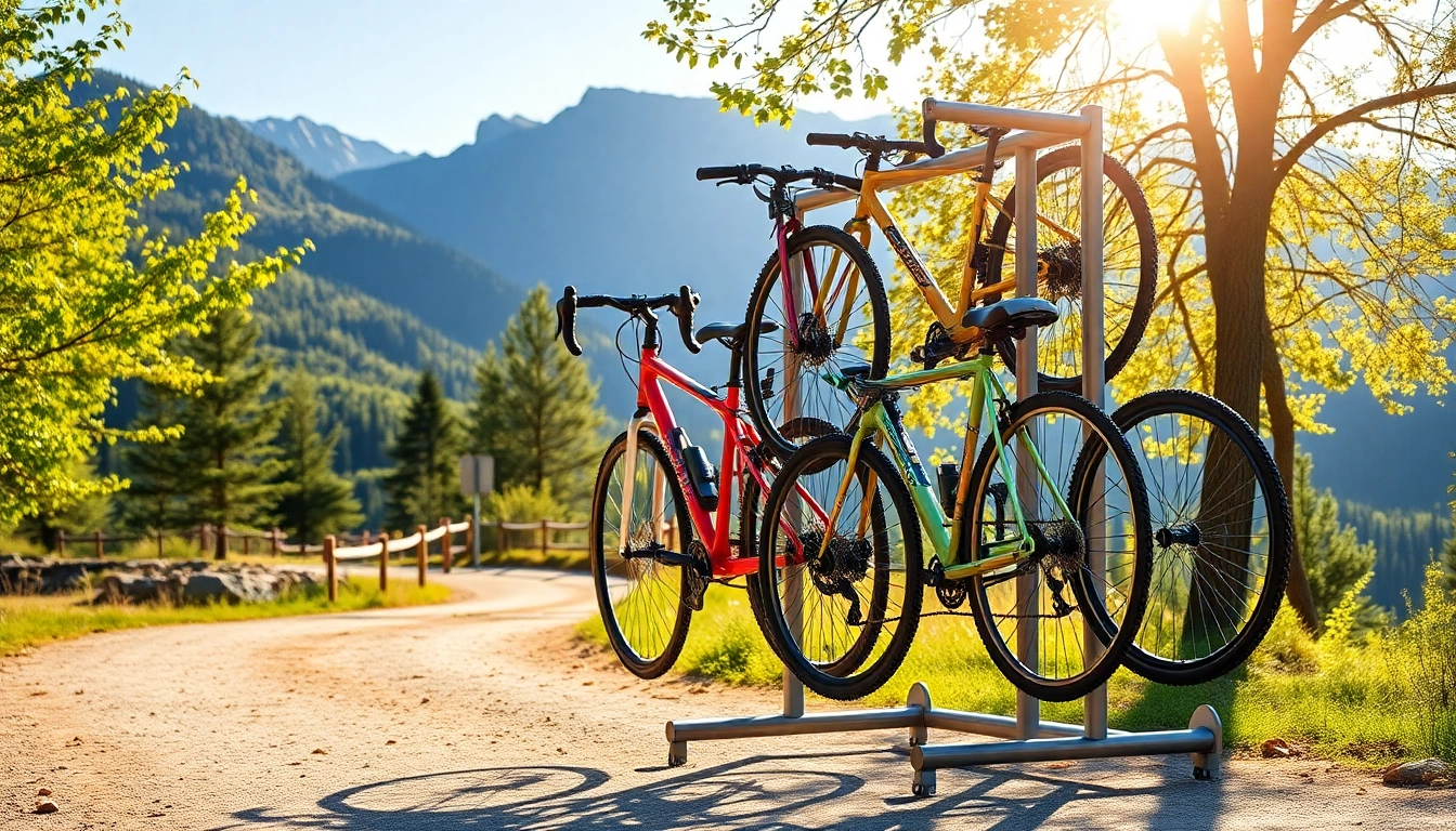 Securely holding several bikes, a vertical bike rack stands prominently against a scenic outdoor backdrop.