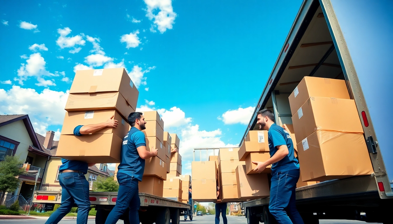 Movers Calgary team efficiently organizing boxes during relocation in an urban setting.