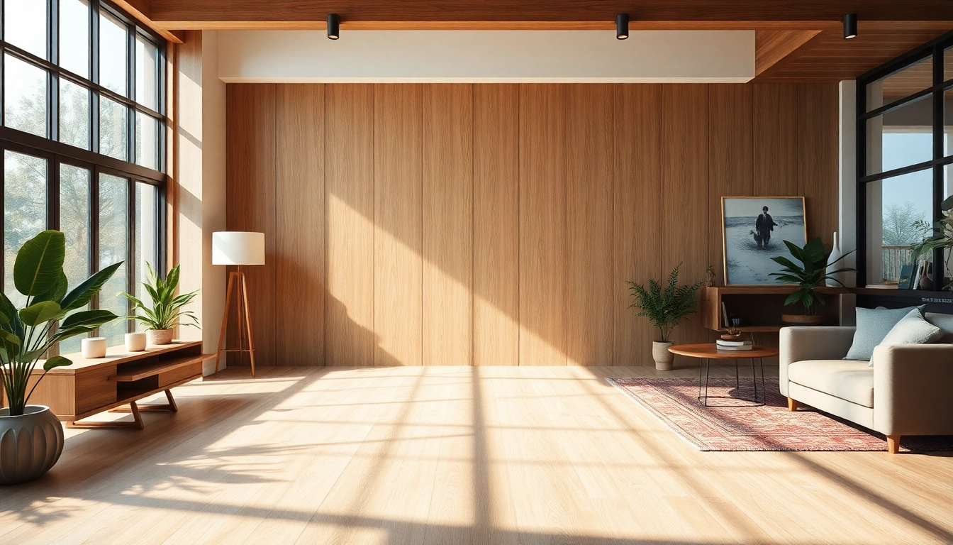 Plywood wall panels beautify a modern living space with warm, inviting decor.