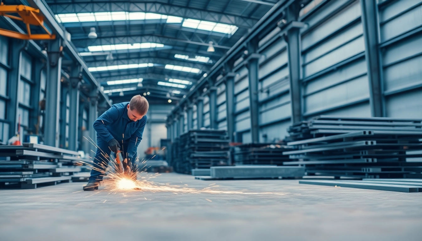 Detailed view of structural steel fabrication process featuring cutting machinery and organized steel beams.