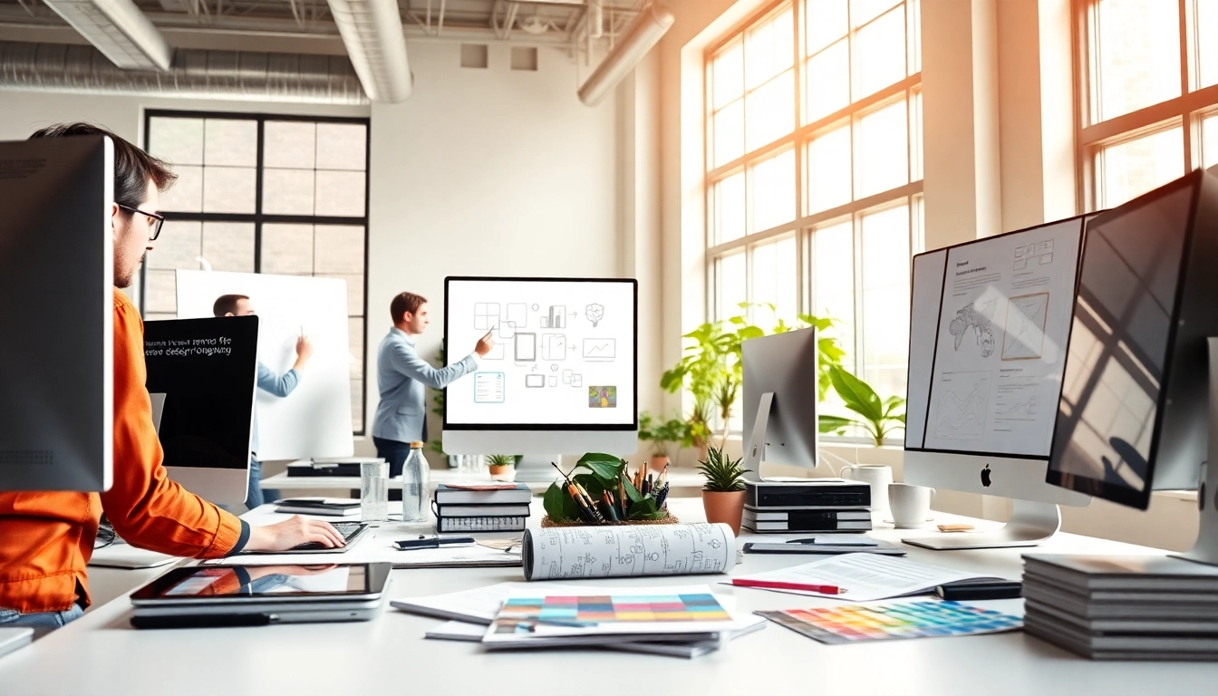 Showcasing web design missouri creative team collaborating in a modern office environment.
