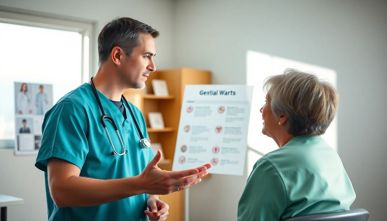 Discussing genital warts cure with a healthcare professional in a clinic setting.